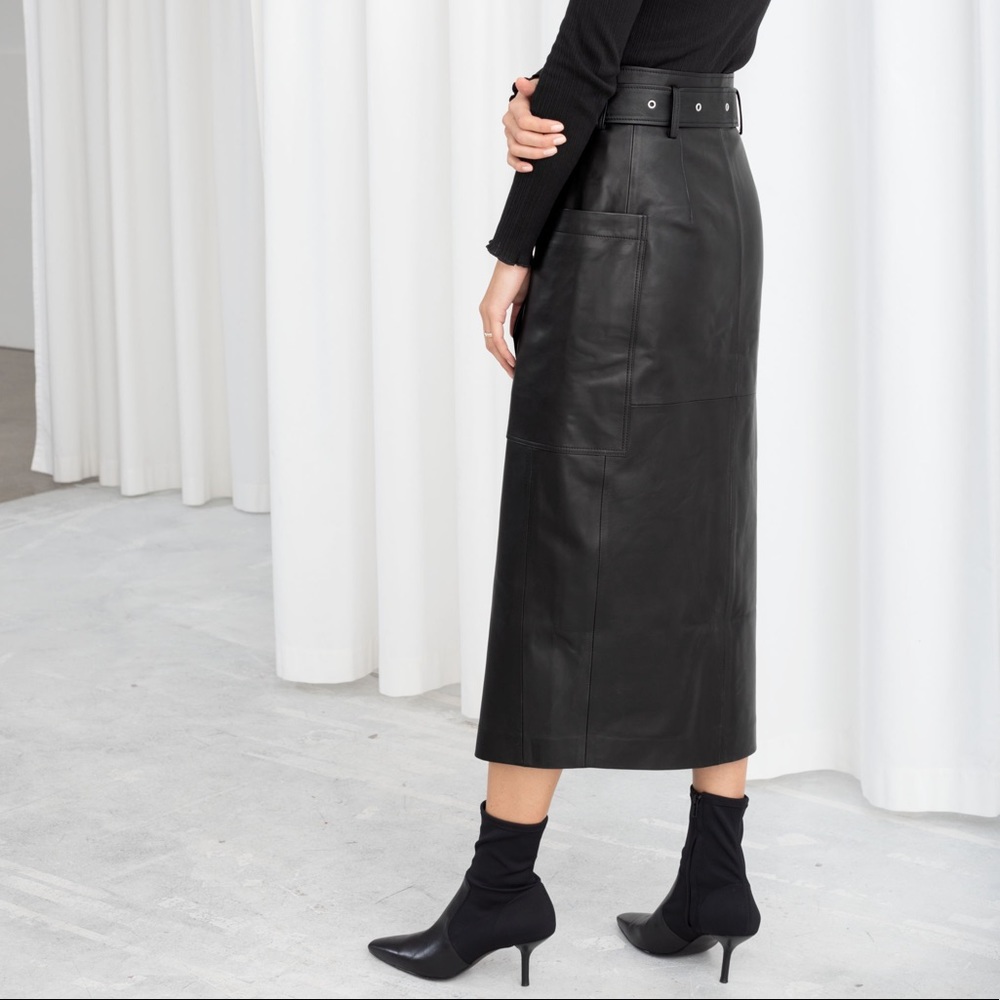 & Other Stories Black Leather midi skirt with belt
